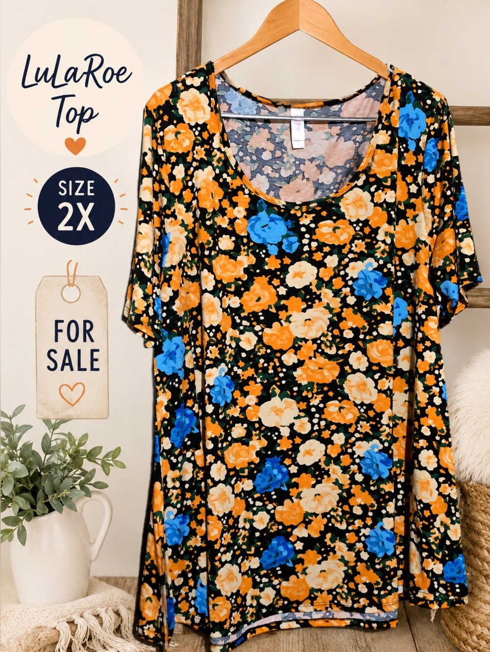 LuLaRoe Black Floral Scoop Neck Top with Orange & Blue Flowers - 2X